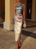 Elegante vestido midi de raso con estampado floral y un solo hombro