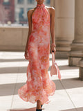 Vestido largo de gasa con estampado floral rosa