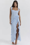 Amira | Vestido largo de tirantes con falda de tubo y volantes para un estilo chic