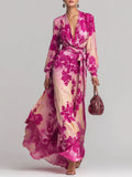 Vestido largo romántico rojo rosado con cuello en V floral y lazo en la cintura